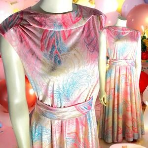 Vintage 70s Polyester Knit Feather Print Dress Saturday Night Fever
